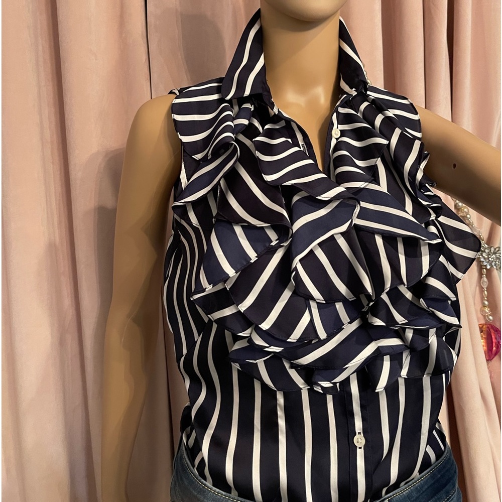 Lauren by Ralph Lauren SILKY RUFFLE PIN STRIPE BLOUSE